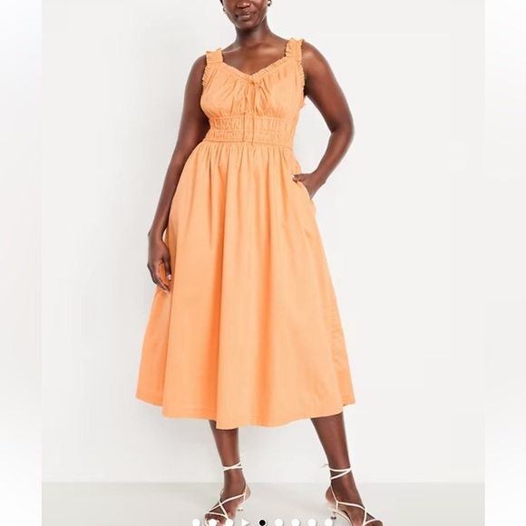Old Navy Dresses & Skirts - Old Navy XXL Tall Cotton Waist-Defined Ruffled Midi Dress Orange pocket retro